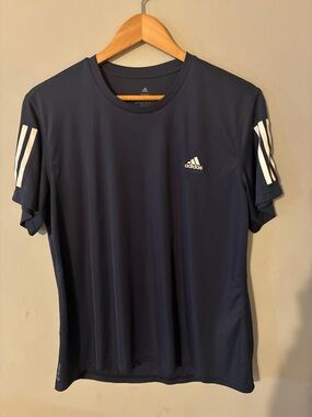 adidas Navy Short-Sleeve Athletic Tee with White Stripes